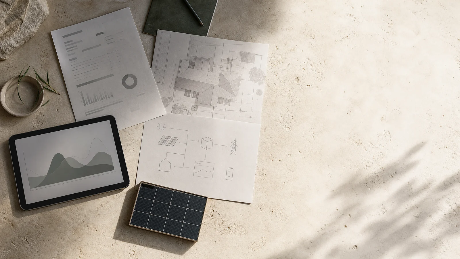 Energy planning materials on a mineral worktable
