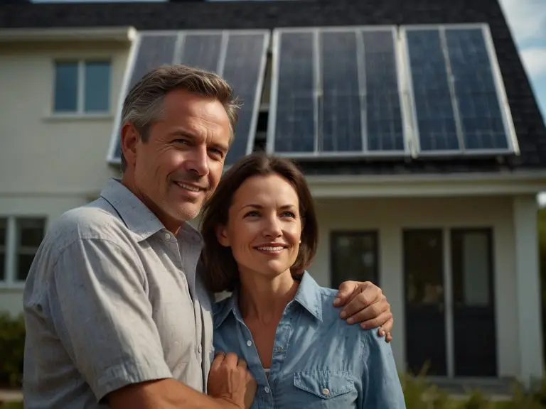 "A smiling middle-aged couple, with the man's arm around the woman, stands in front of a house with solar panels visible on its roof."