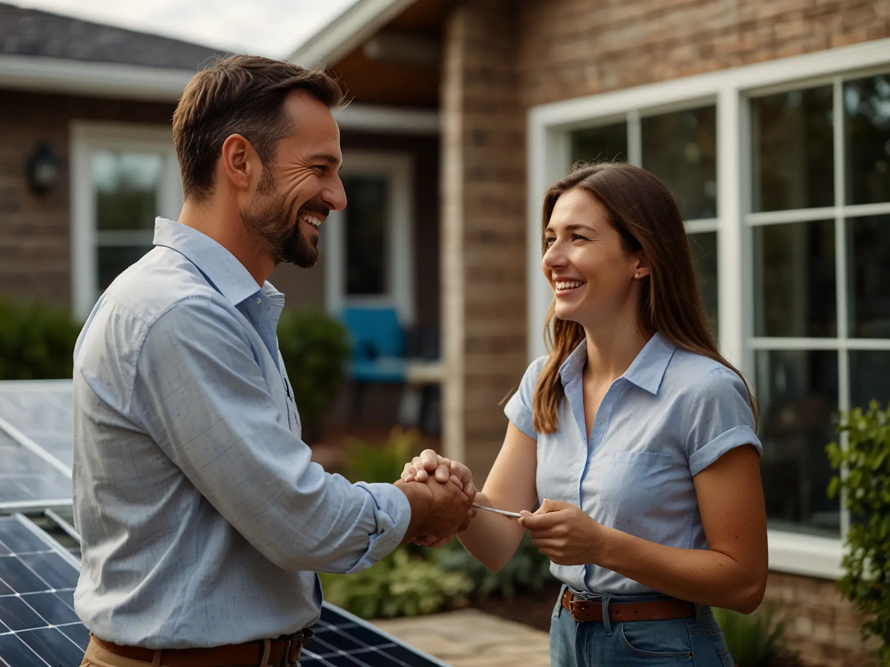 "A smiling man with a beard and a light blue collared shirt shakes hands with a smiling woman with long brown hair, wearing a light blue collared shirt, in front of a house."