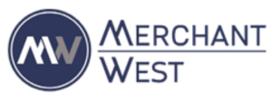 Merchant West logo featuring a circular icon with 'MW' and text 'MERCHANT WEST' with an underline.