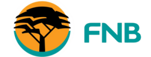 FNB logo featuring a black silhouette of a tree against an orange sun and teal horizon, next to 'FNB' in teal text.