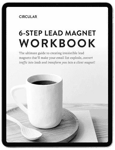 "Cover of a '6-STEP LEAD MAGNET WORKBOOK' featuring a white mug of coffee on a tray."