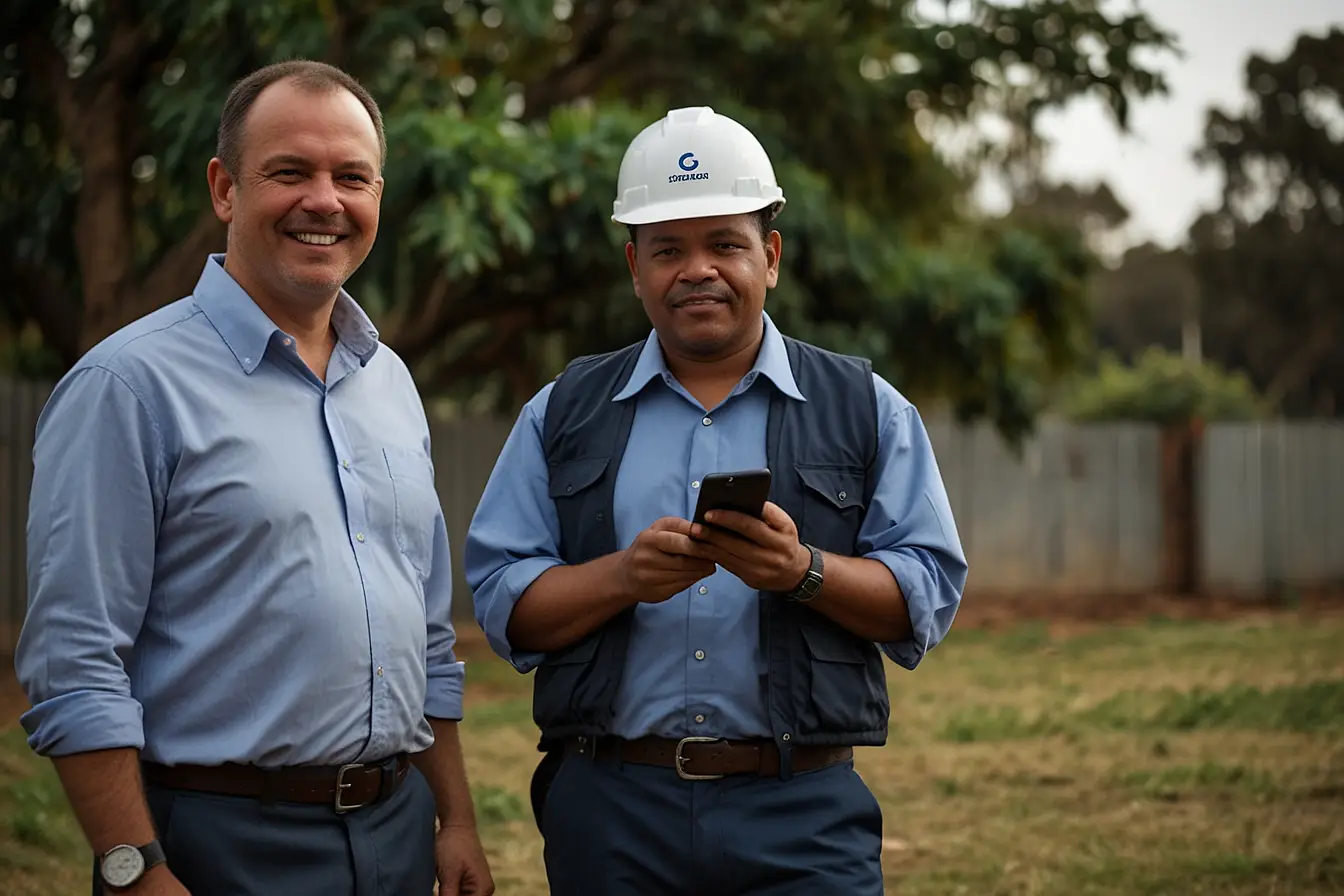 "Engineer in hard hat using a mobile device while standing with a colleague at an outdoor project site."