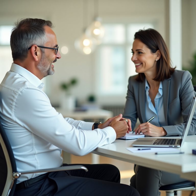 Two smiling solar professionals, one in a hard hat using a mobile device, standing at an outdoor project site.