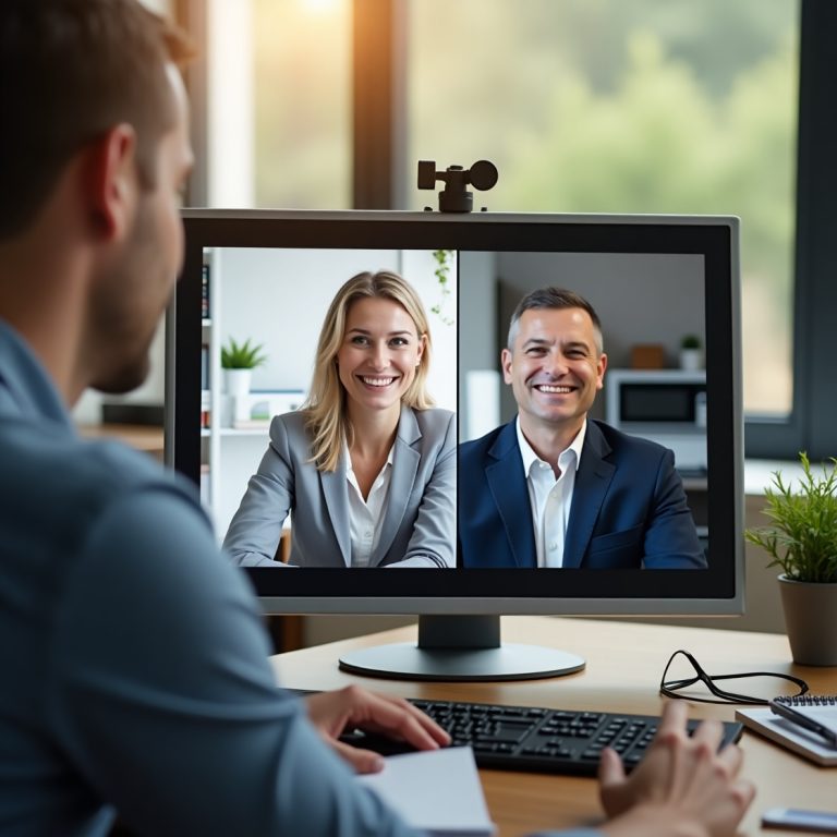 "A person engages in a video call with two smiling professional consultants on a desktop monitor, representing an initial virtual meeting."