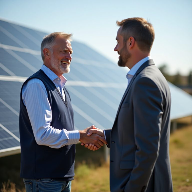 "Two men, one older with a beard and a navy vest over a white shirt, and a younger man in a dark suit, are shaking hands and smiling in front of an array of solar panels under a clear sky."