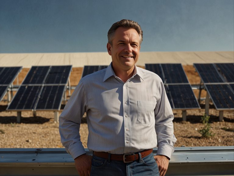 "Confident smiling man standing in front of solar panels, framed in a circle, representing leadership in renewable energy."