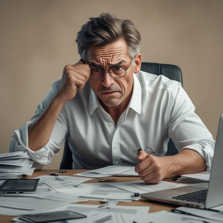 "Stressed businessman in a white shirt and glasses, intensely frowning at a desk covered with scattered papers and a laptop."