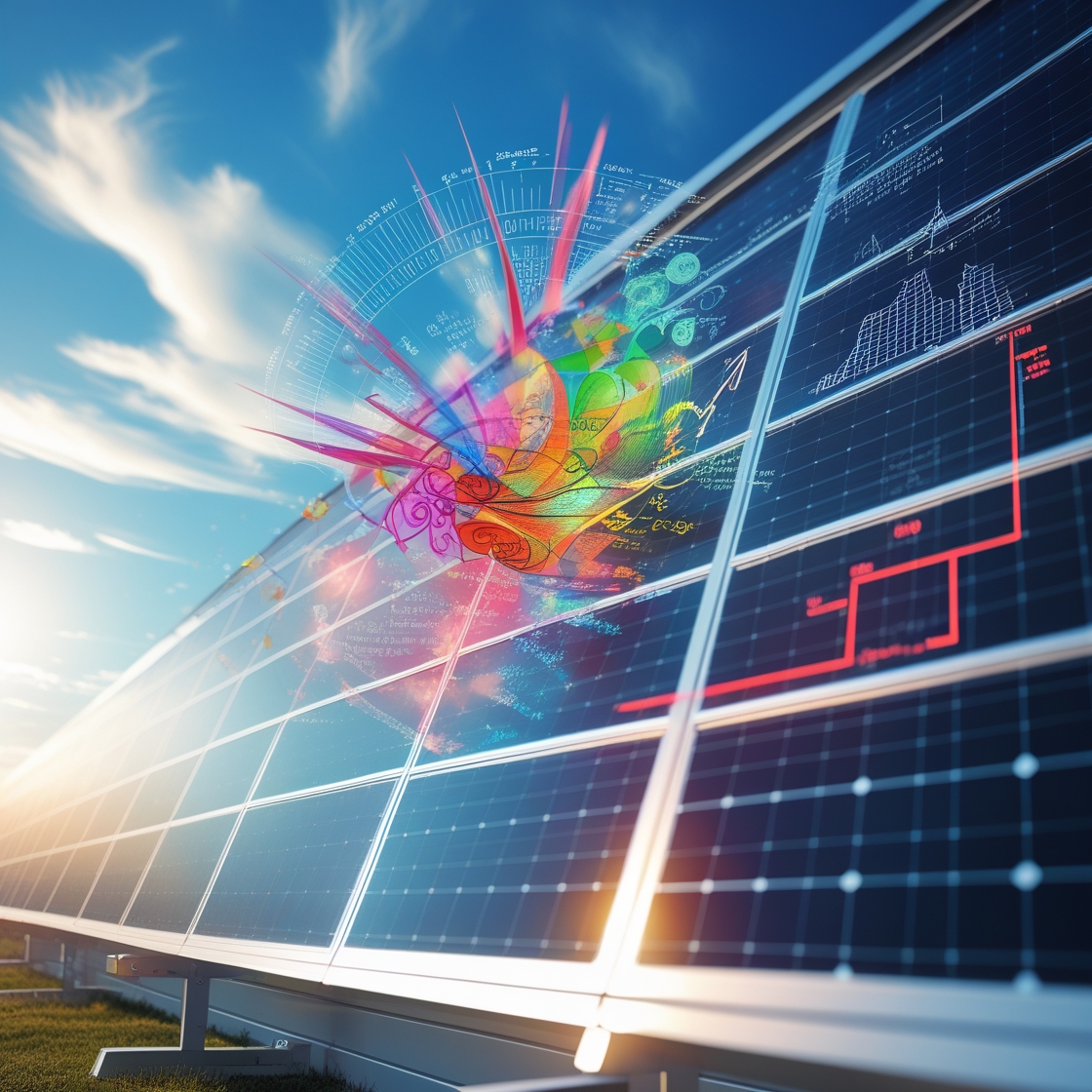 "Digital visualization of solar panels overlayed with complex data graphs, vibrant energy burst, and performance analytics under a bright sky."