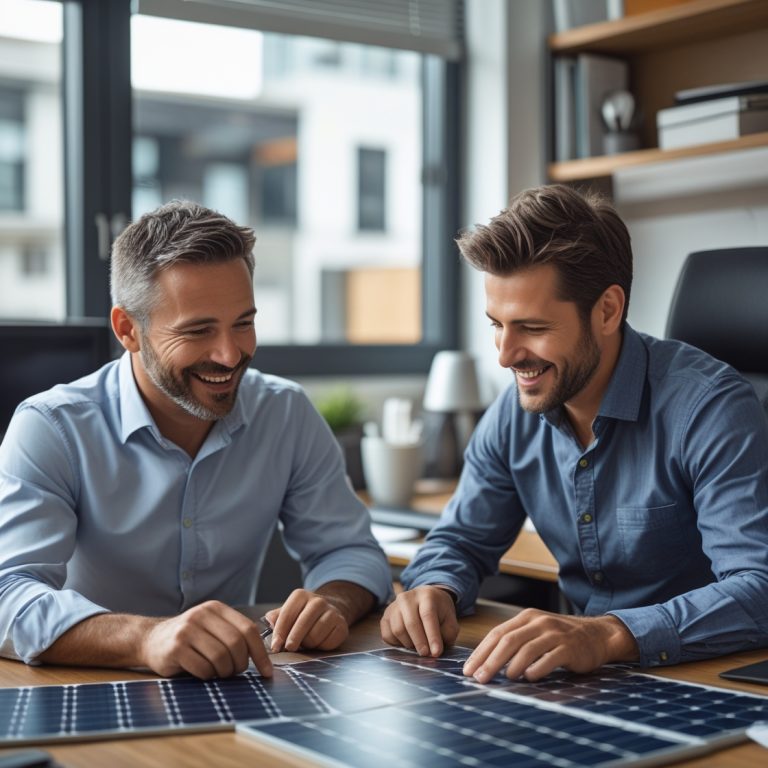 "Two smiling solar energy consultants discussing different solar panel solutions with miniature models on an office desk."