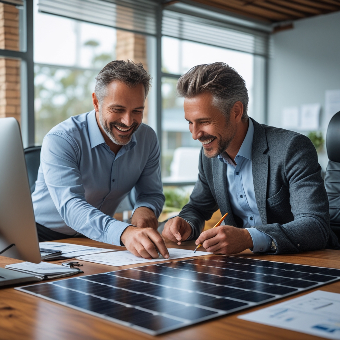 "Two smiling male professionals collaborating over a miniature solar panel model on an office desk, discussing renewable energy solutions."