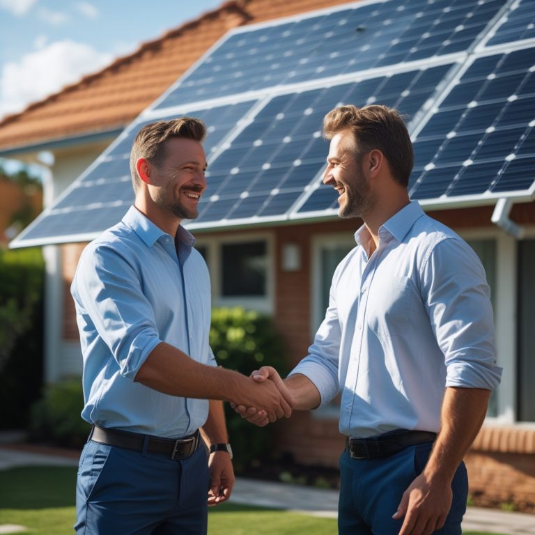 "Two smiling men in collared shirts shake hands in front of a modern house with solar panels on its red-tiled roof, indicating a completed solar energy project."