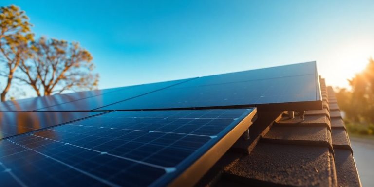 Close-up view of dark solar panels installed on a residential tiled roof under a clear blue sky.