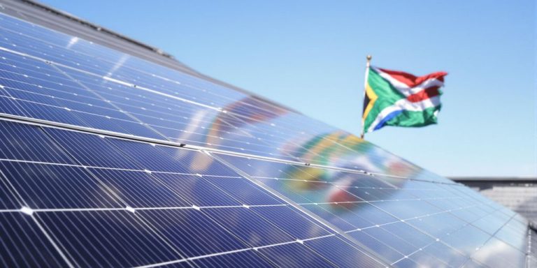 Rooftop solar panels with a South African flag.