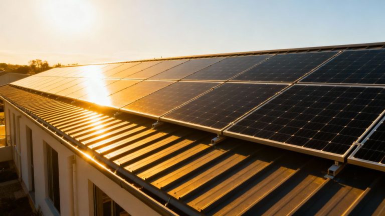 Solar panels on a sunny rooftop.