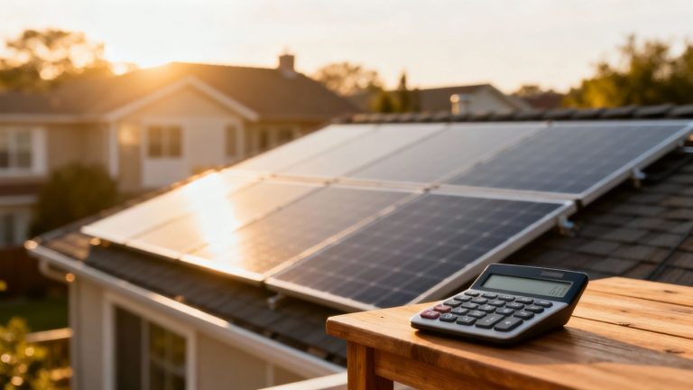 Solar panels on a roof with a calculator.
