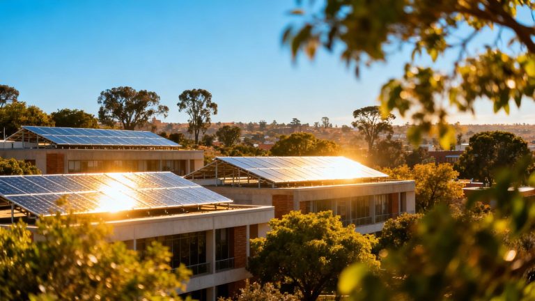Pretoria skyline with solar panels on rooftops.