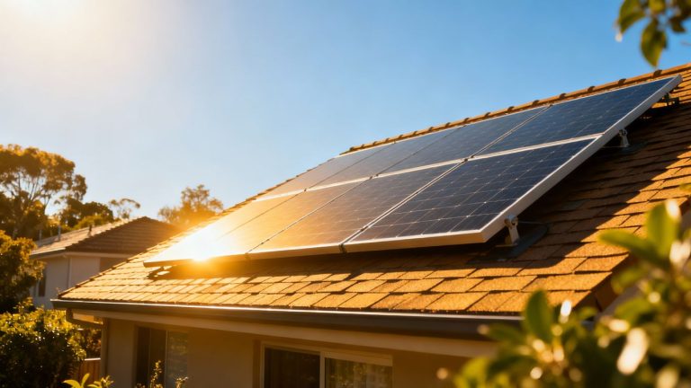 Rooftop solar panels under bright sunlight.