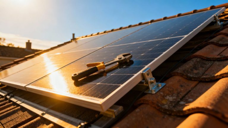 Solar panel installation on a sunny rooftop.