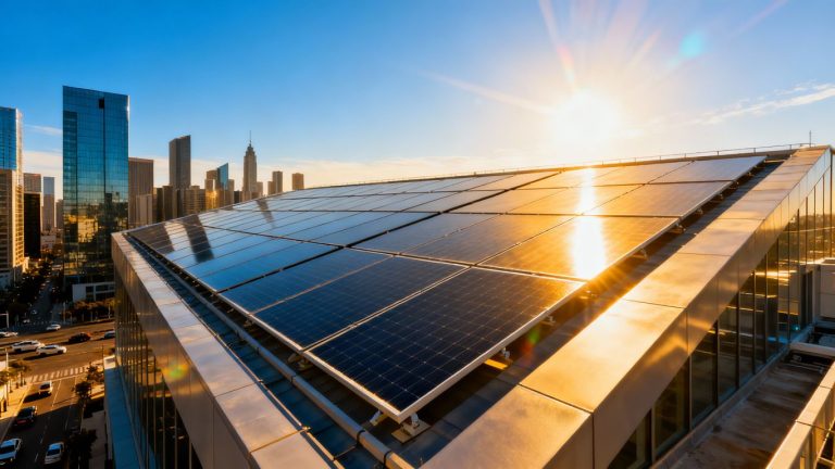 Commercial solar panels on a rooftop under the sun.