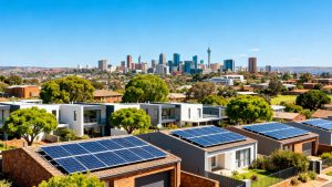 Johannesburg skyline with solar panels on homes.