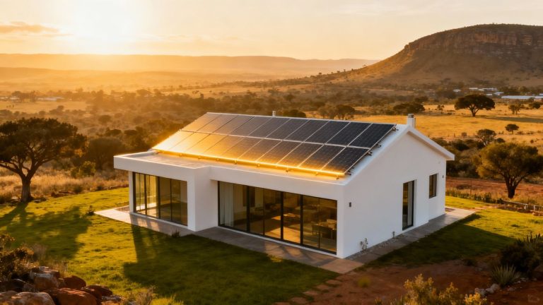 South African house with solar panels and a bright sun.