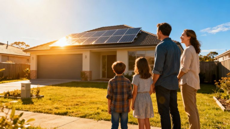 House with solar panels and happy family.