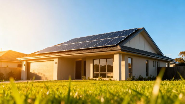 House with solar panels on roof under blue sky.
