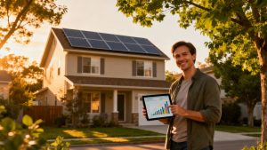 Homeowner with solar panels and financial information.