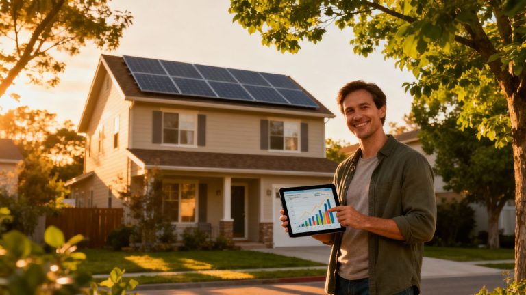 Homeowner with solar panels and financial information.