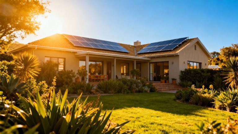 South African home with solar panels under a blue sky.