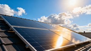 Modern solar panels on a rooftop under a sunny sky.