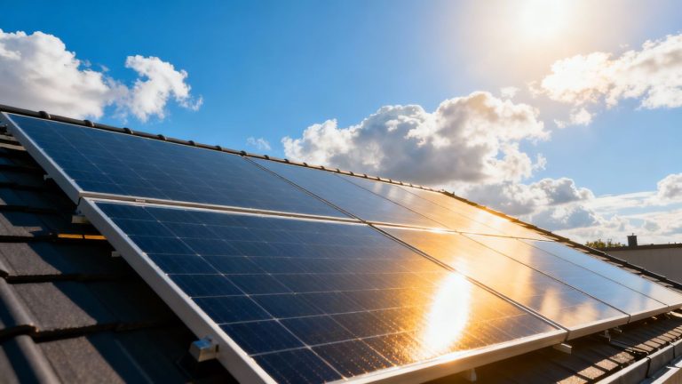 Modern solar panels on a rooftop under a sunny sky.