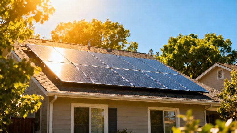 House with solar panels on roof under sunny sky.