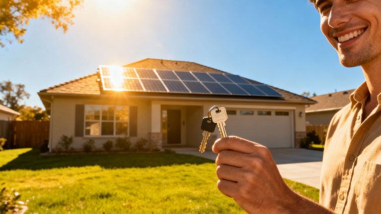 Homeowner smiling with solar panels on roof.