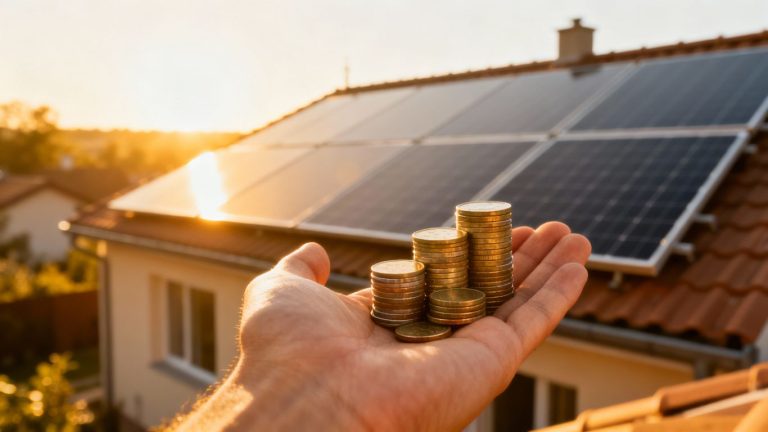 Solar panels on a roof with coins and a house.