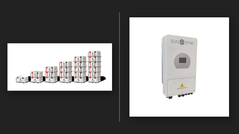 Freedom Won eTower battery stack next to a SunSynk hybrid inverter, real product photos side by side