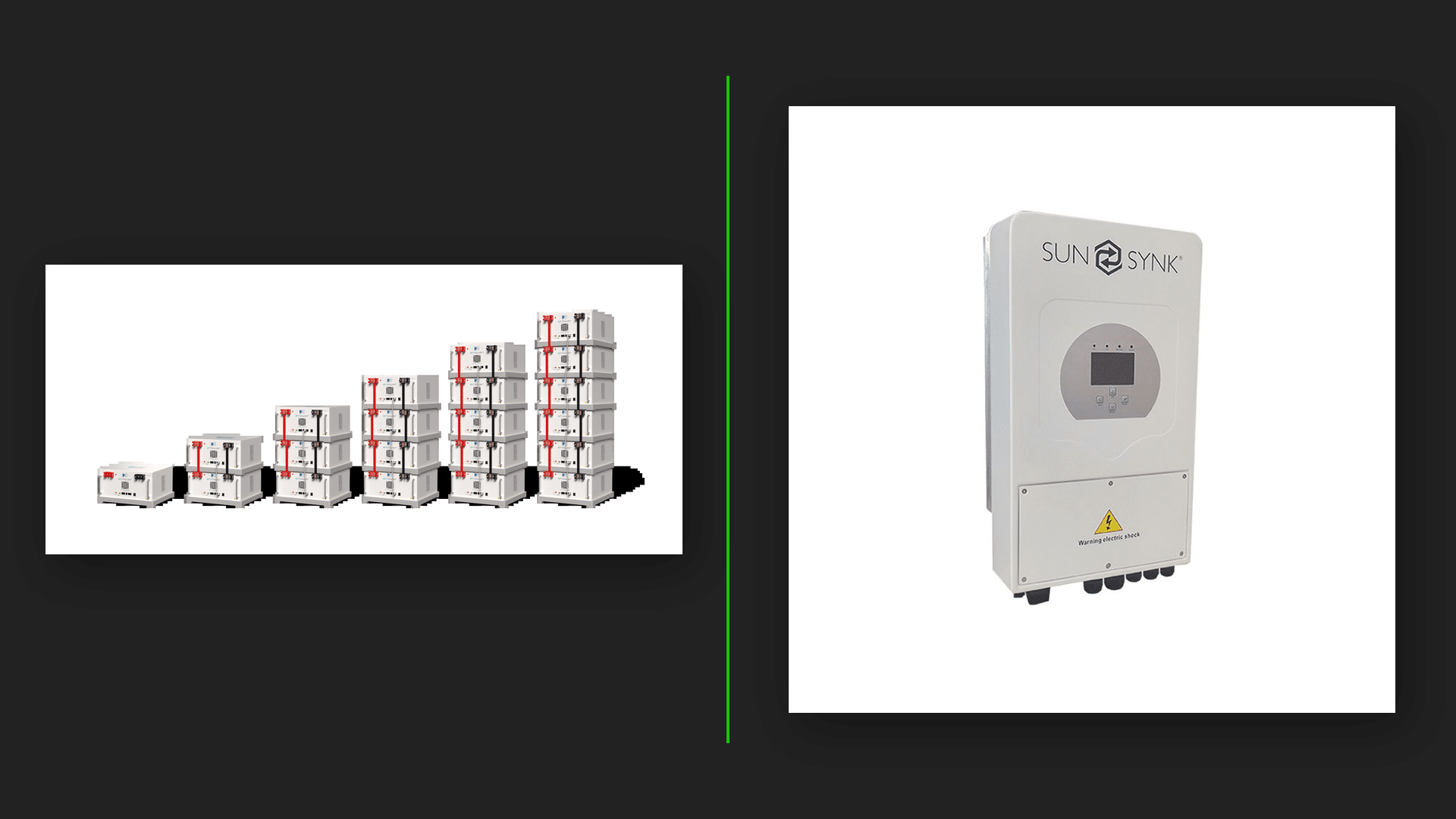 Freedom Won eTower battery stack next to a SunSynk hybrid inverter, real product photos side by side