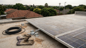 Solar panels and mounting brackets on a flat rooftop, with work gloves and coiled cable nearby.