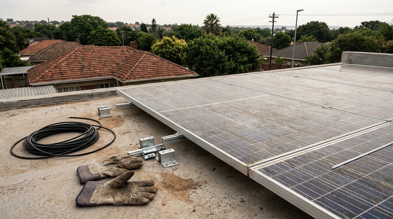 Solar panels and mounting brackets on a flat rooftop, with work gloves and coiled cable nearby.