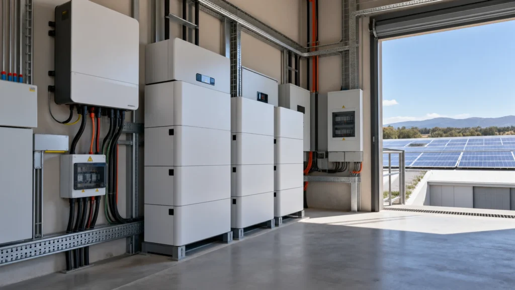Plant room with a wall-mounted inverter and three stacked white battery towers