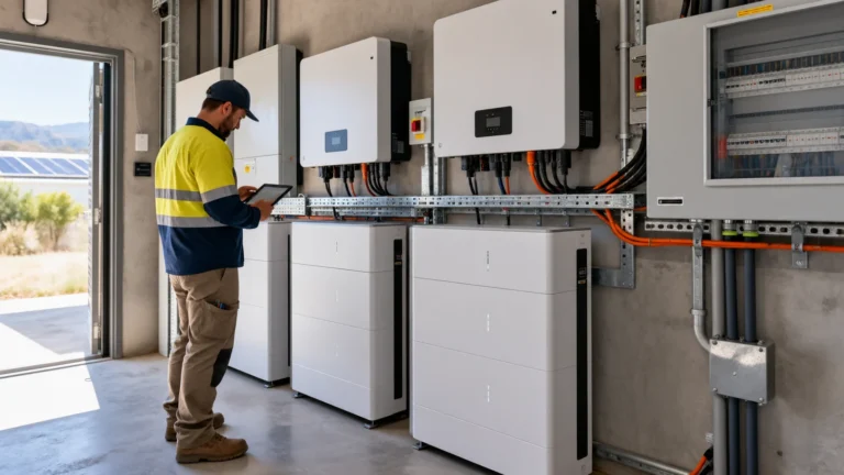 Technician with a tablet checking wall-mounted inverters and floor battery stacks