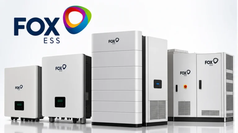 FoxESS logo beside renders of two wall inverters, a battery tower and two commercial cabinets