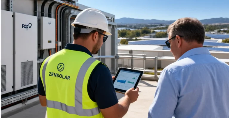 Technician in a hi-vis vest showing a tablet of charts to a client near FoxESS cabinets