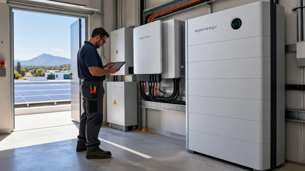 a technician working on a Sigenergy stack and inverters in a plant room