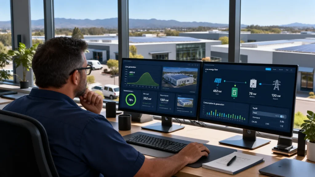 a man watching live solar, battery and grid flow and tariff screens on a monitoring app