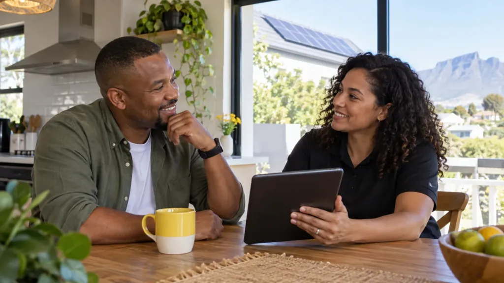 A homeowner and an adviser talk over a tablet at a kitchen table, with solar panels on a roof outside the window.