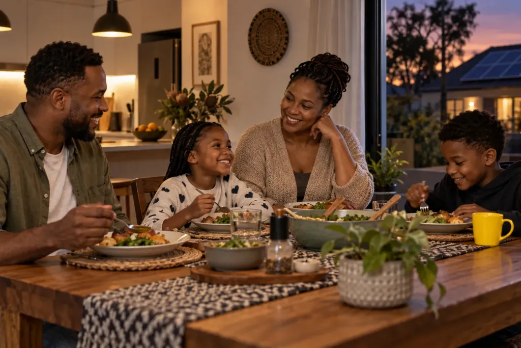 A family eats dinner together at home in the evening with the lights on, and solar panels on a neighbouring roof glow in the dusk outside.