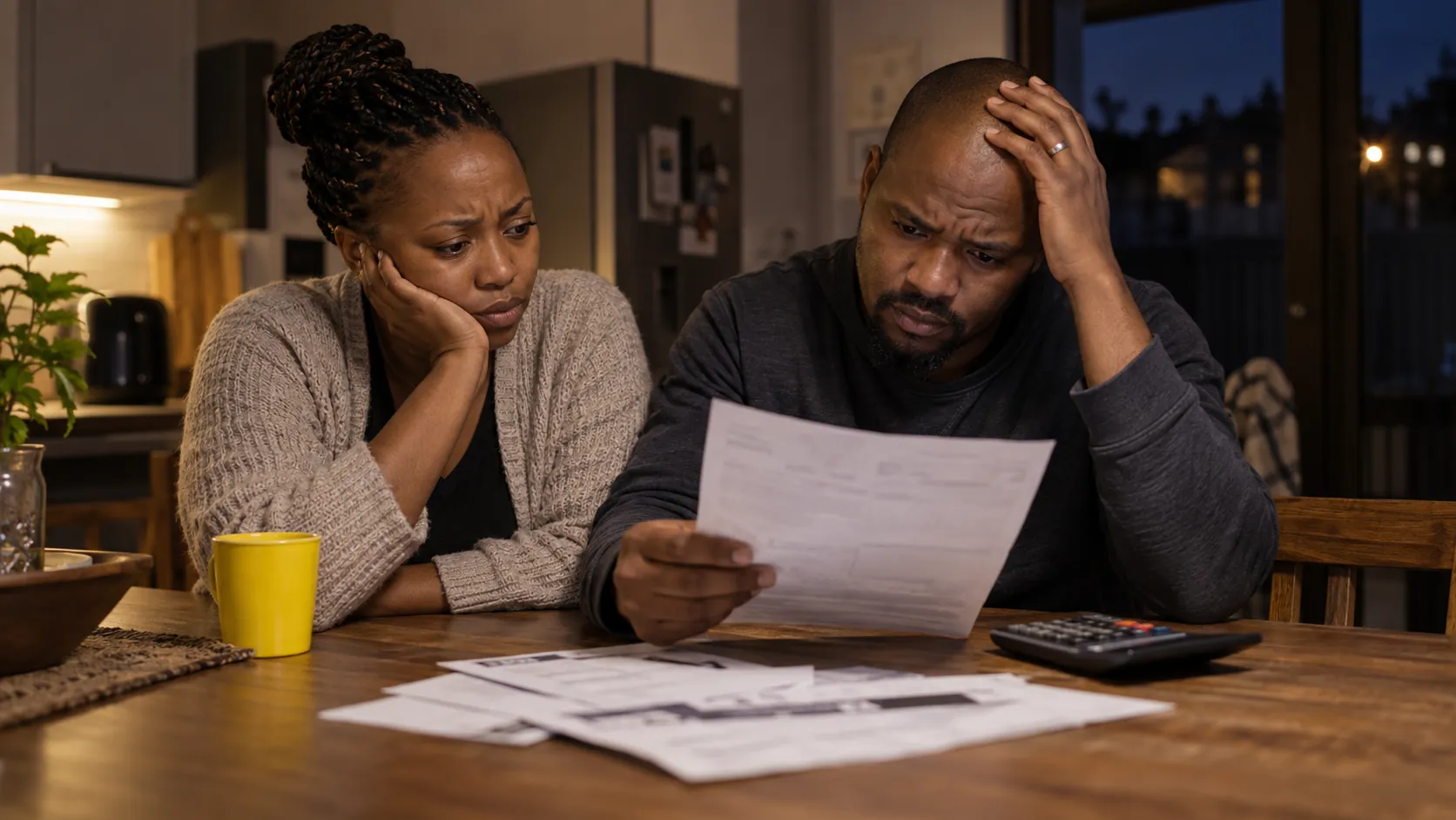 A worried couple sit at their kitchen table looking at an electricity bill, with a pile of papers and a calculator in front of them.