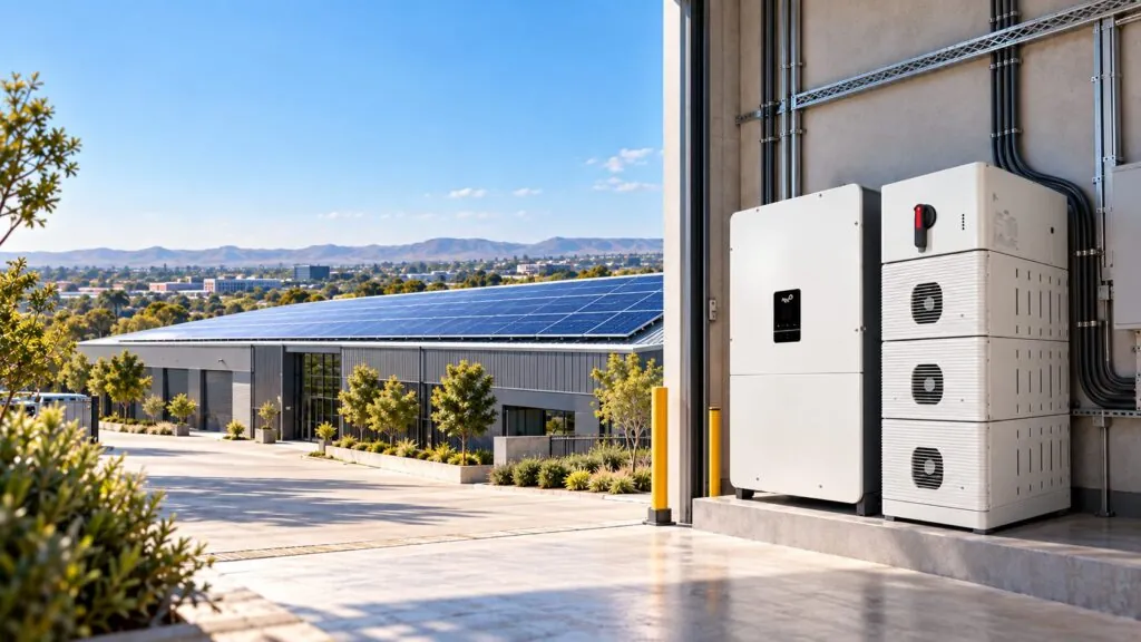 An inverter and battery stack mounted on a wall beside a business building with solar panels on its roof.